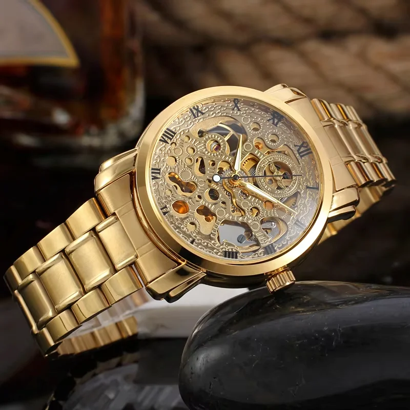 winner Trendy Roman Numerals Gold Luxury Skeleton Dial Men's Business Automatic Manipulator Watch