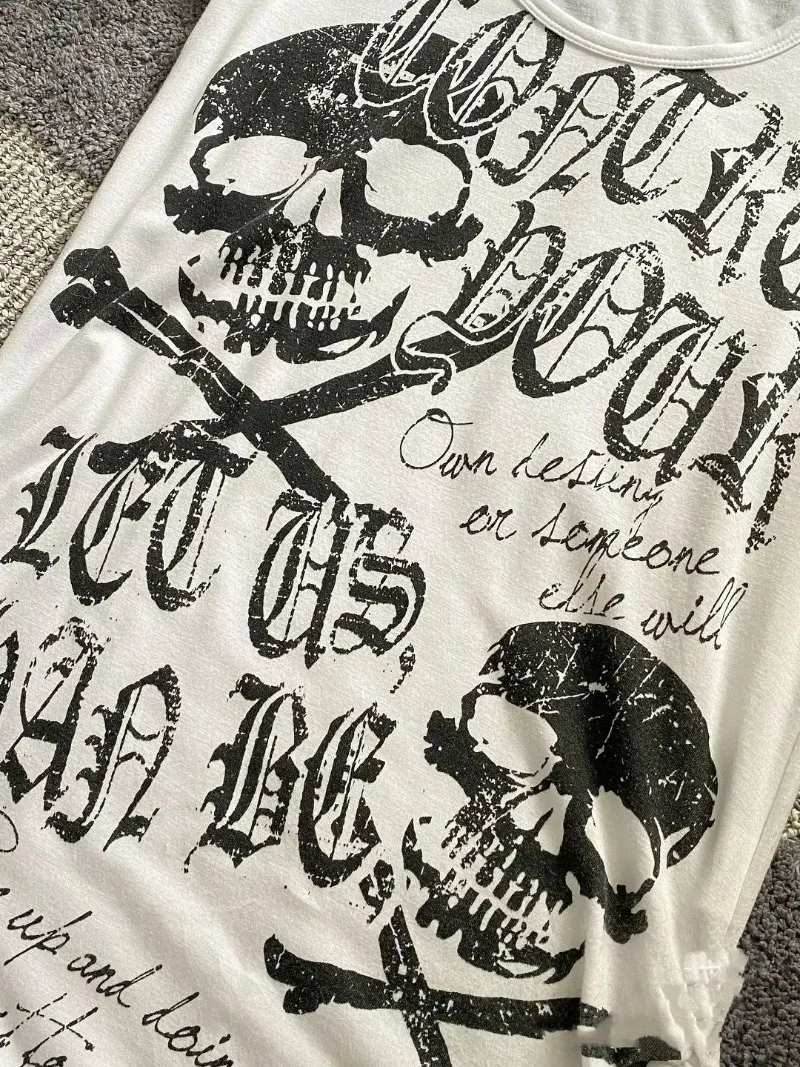 American High Street Black Skulls Print Short Sleeve Camisetas Hip Hop Slim Waist Women Y2k Tshirts O Neck Vintage Tees