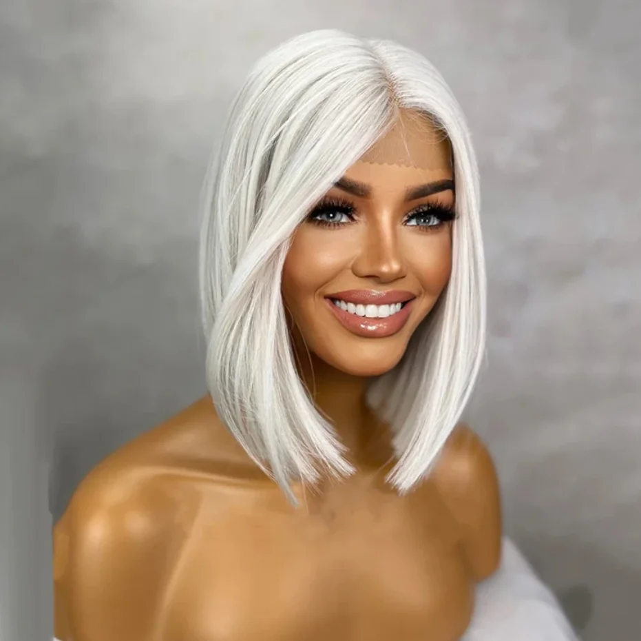 Heat Safe Synthetic Hair Ash White and Middle Part Wig Lowlights13 by 4 Lace Frontal Wig Multiple Parting Option- Realistic Wig