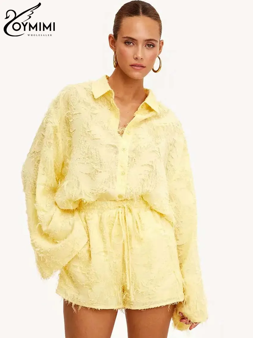 

Oymimi Elegant Yellow Feather Women 2 Piece Set Outfit Fashion Long Sleeve Button Shirts And Drawstring Shorts Sets Streetwear