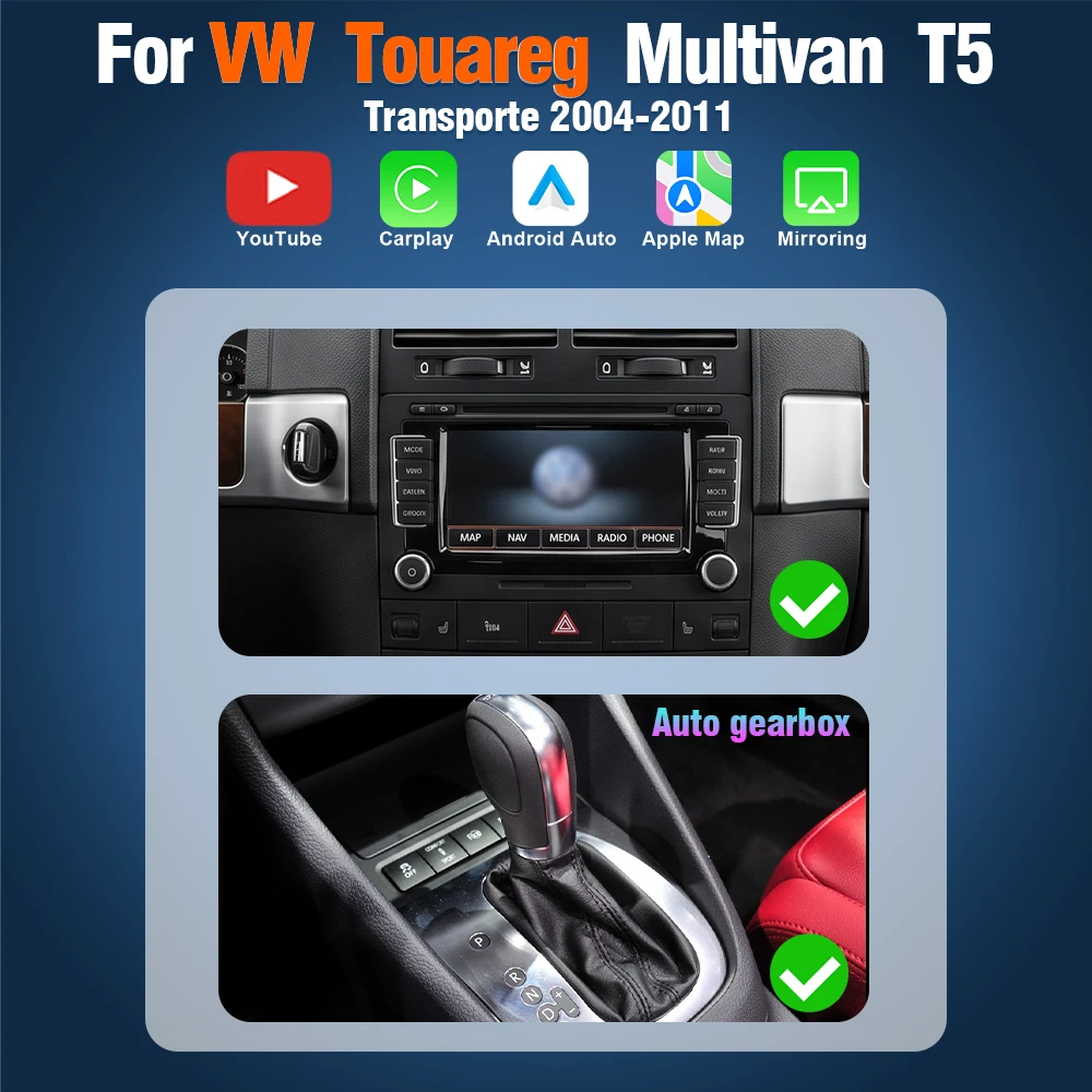 AUTOTOP 7" YouTube draadloze CarPlay autoradio voor VW Volkswagen Touareg Transporter T5 Multivan Android Auto multimediaspeler