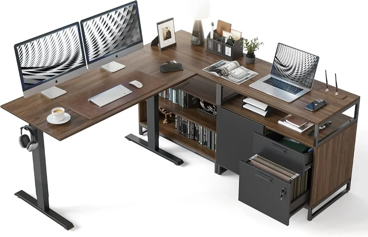 FEZIBO L Shaped Standing Desk with Drawers & Shelves, Executive Table Adjustable Height, Black Walnut Top/Black Frame