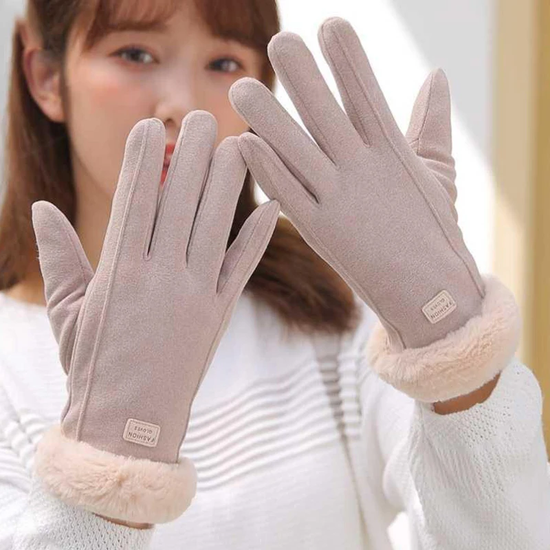 Women Touch Screen Warm Gloves Black/Grey/Pink/Beige Autumn Winter Furry Full Finger Mittens Outdoors Coldproof Driving Gloves