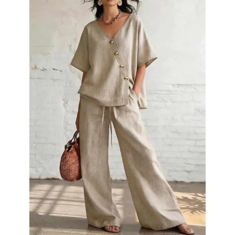 2026 New Pants Set With V-neck Diagonal Buckle Solid Color Casual Loose Fashionable Comfortable Simple And Versatile Pants Set