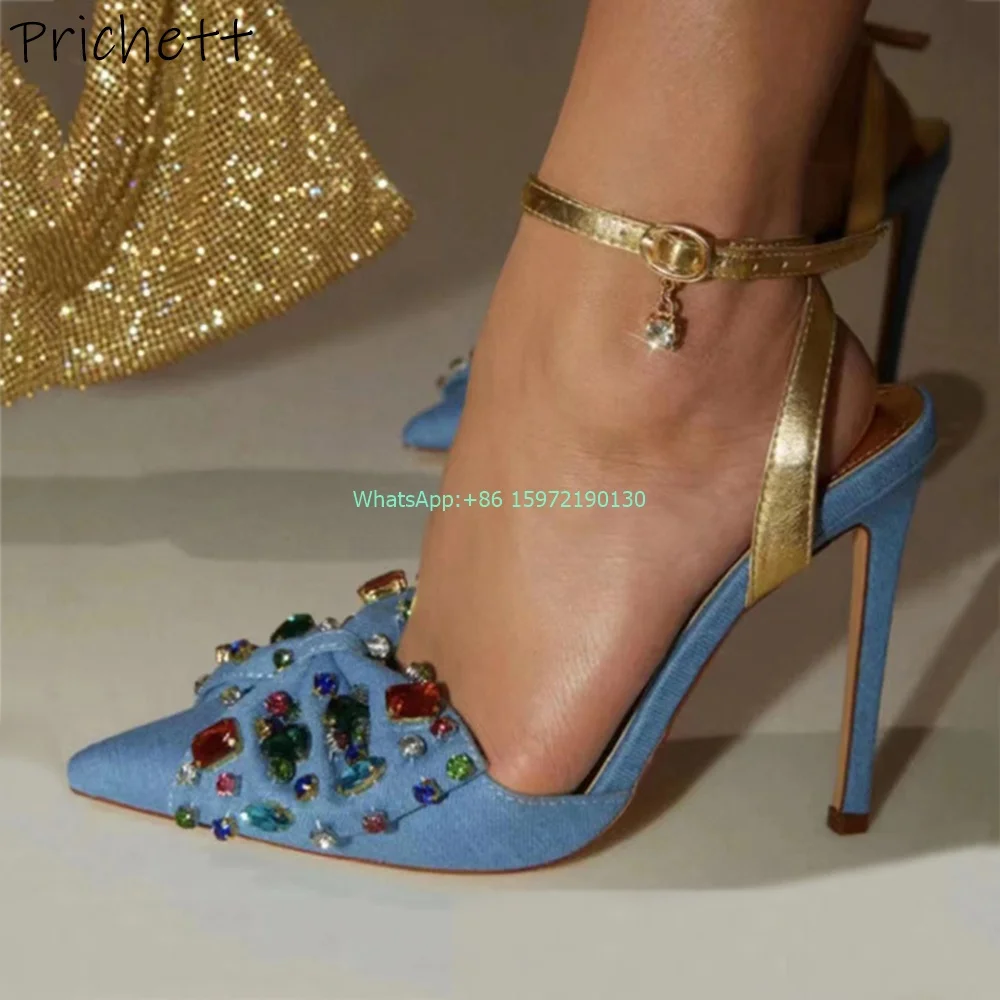 

Rhinestone Jean Butterfly Knot Sandals Mixed Color Pointy Toe Thin Heels Elegant Shoes Fashion Crystal Summer Runway Shoes