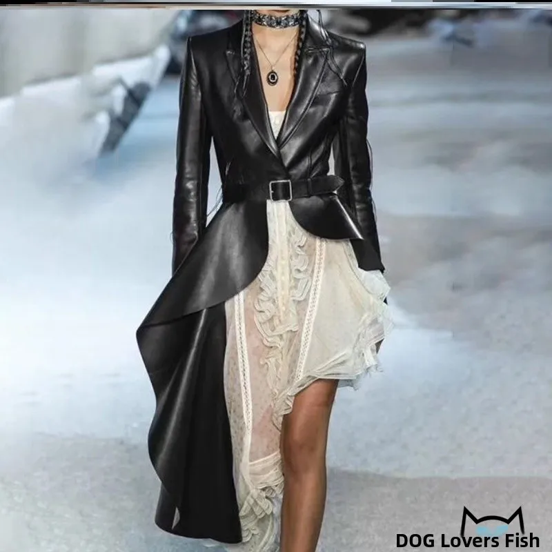 

Faionable PU Leather Windbreaker Women's Jaet Waist-Cinched Street Sle V-Ne Long Sve Mid-Length Coat