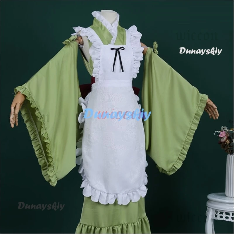 Vestido de cosplay tipo kimono verde Matcha de Miiku con accesorios para la cabeza, atuendo elegante para mujer, ropa para fiesta de Halloween