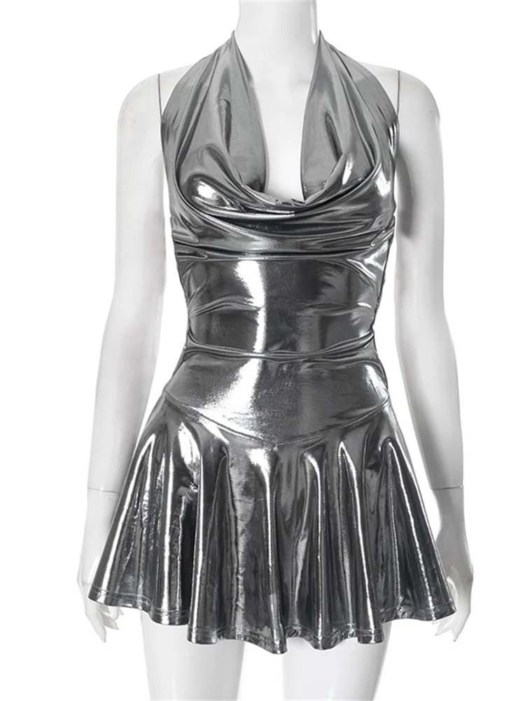 Estranho gato bandagem halter vestido feminino bruched baixo pescoço sem costas sem mangas babados meia-noite rua tendência metálico mini bodycon