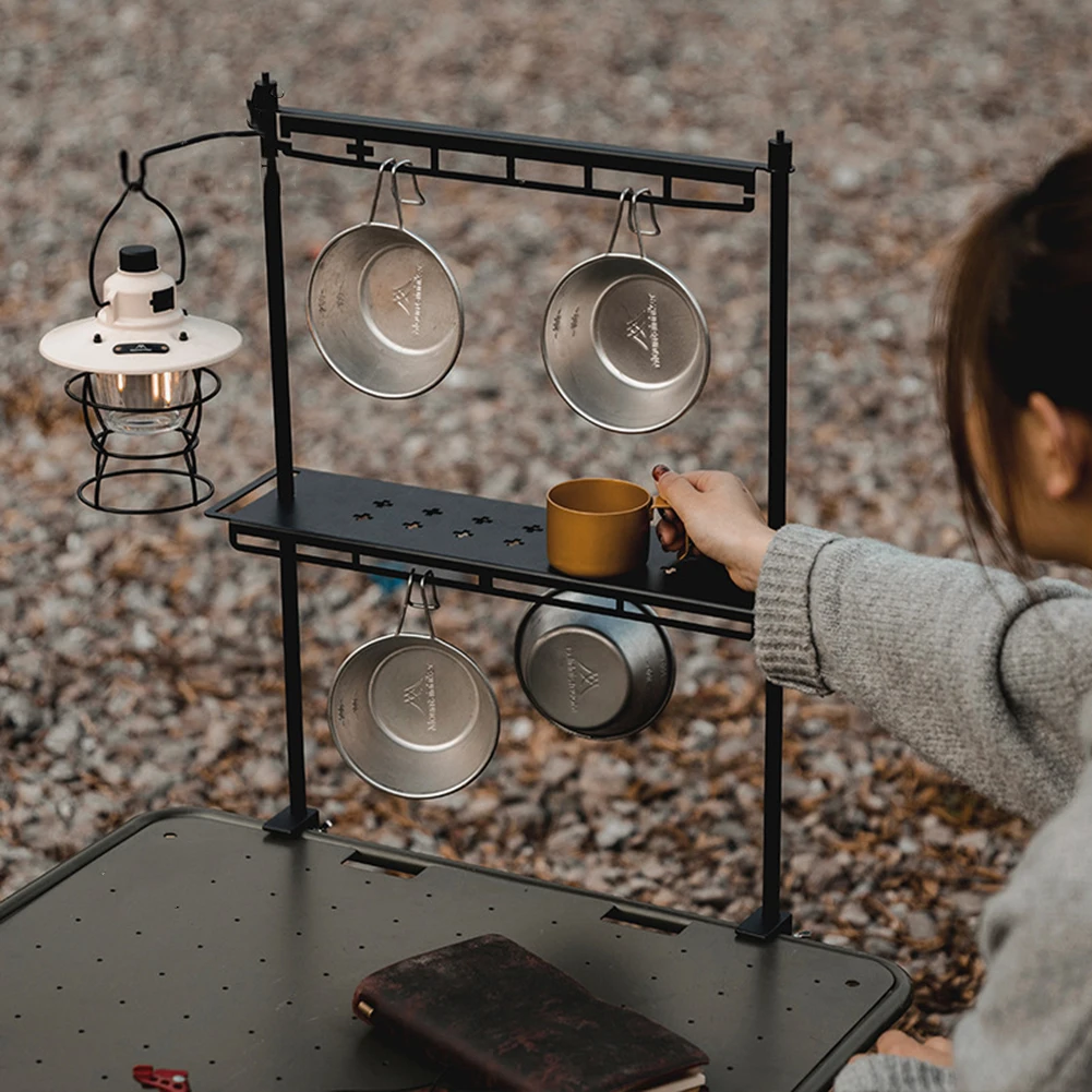 

Storage Rack Portable Camping Stand Outdoor Tools Organizer Detachable with Lantern Hook Cookware Pot Pan Lamp Hanging Rack