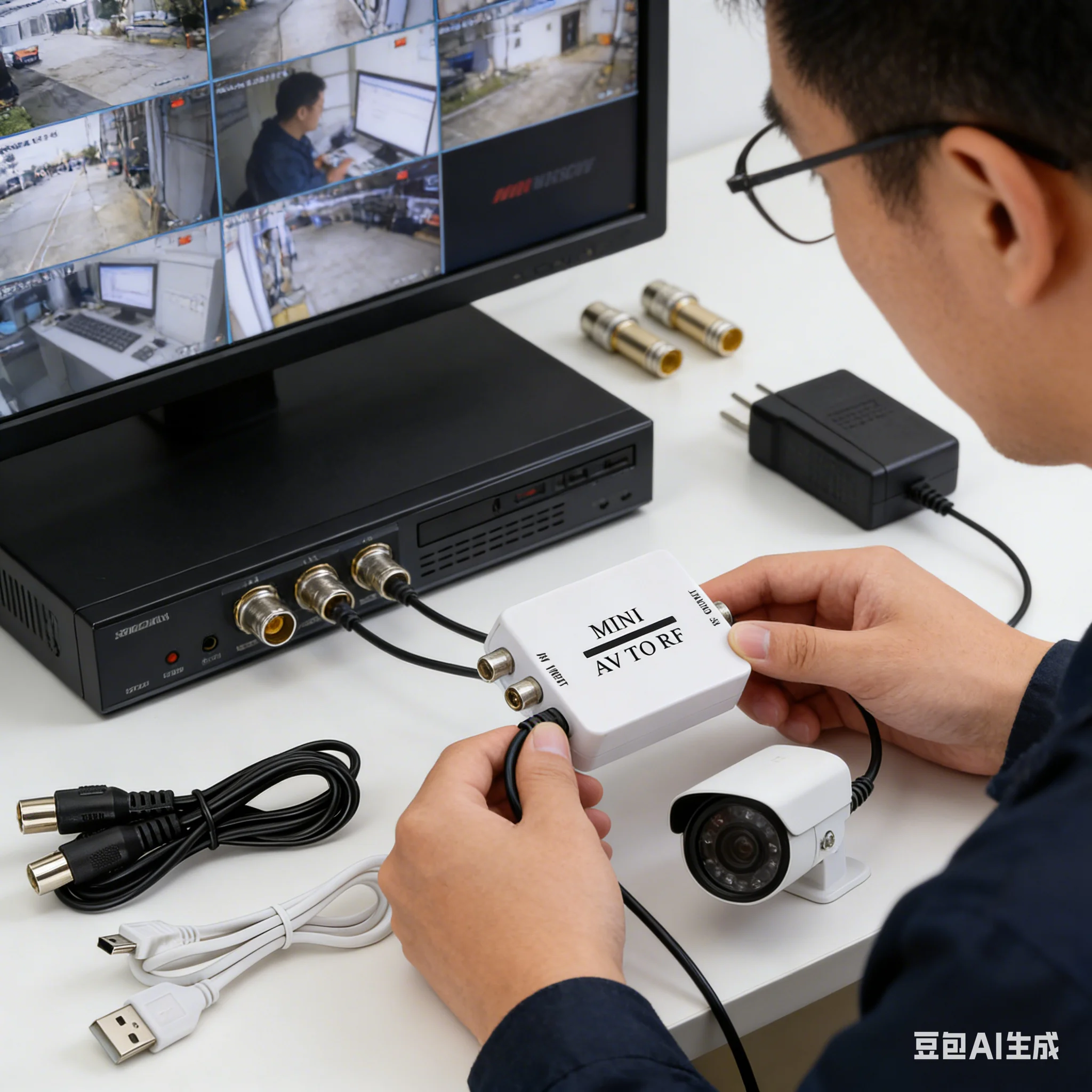 Portable Composite AV to RF Coaxial Signal Converter Modulator with USB Cable for TV VCR DVD Recorder and More