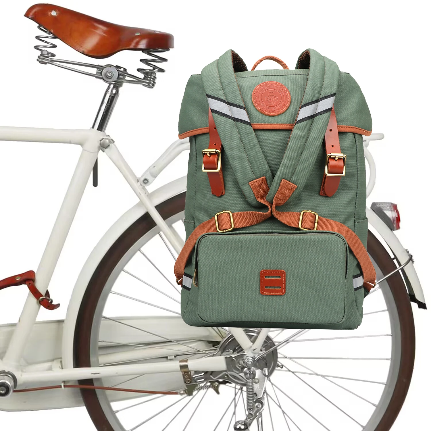 Tourbon Cycling Canvas Bicycle Pannier Bike Seat Bag Shoulder Backpack Leisure Daily School Bag Green Outdoor Riding Women Men