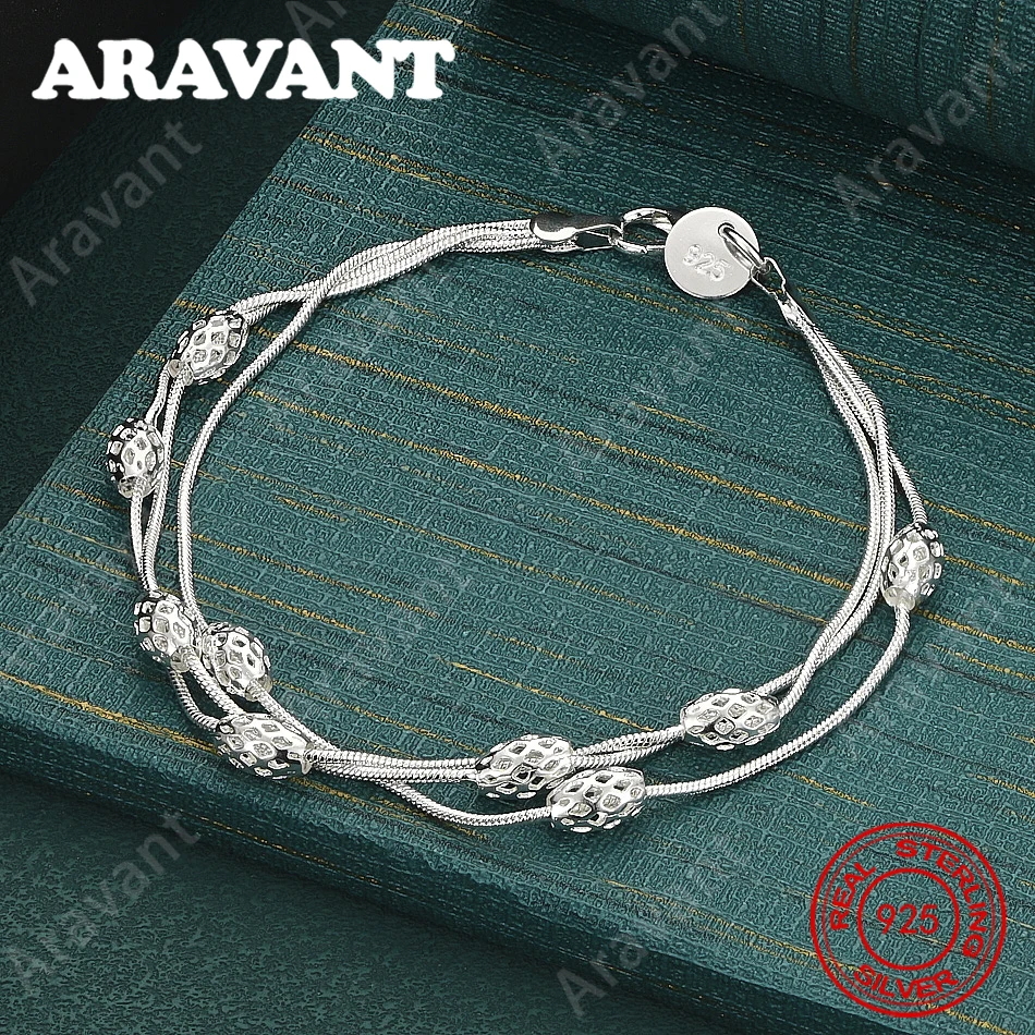925 Sterling Silver Three-Strand Snake Chain Bracelet With Openwork Lattice Bead – Unique Jewelry Gift For Women