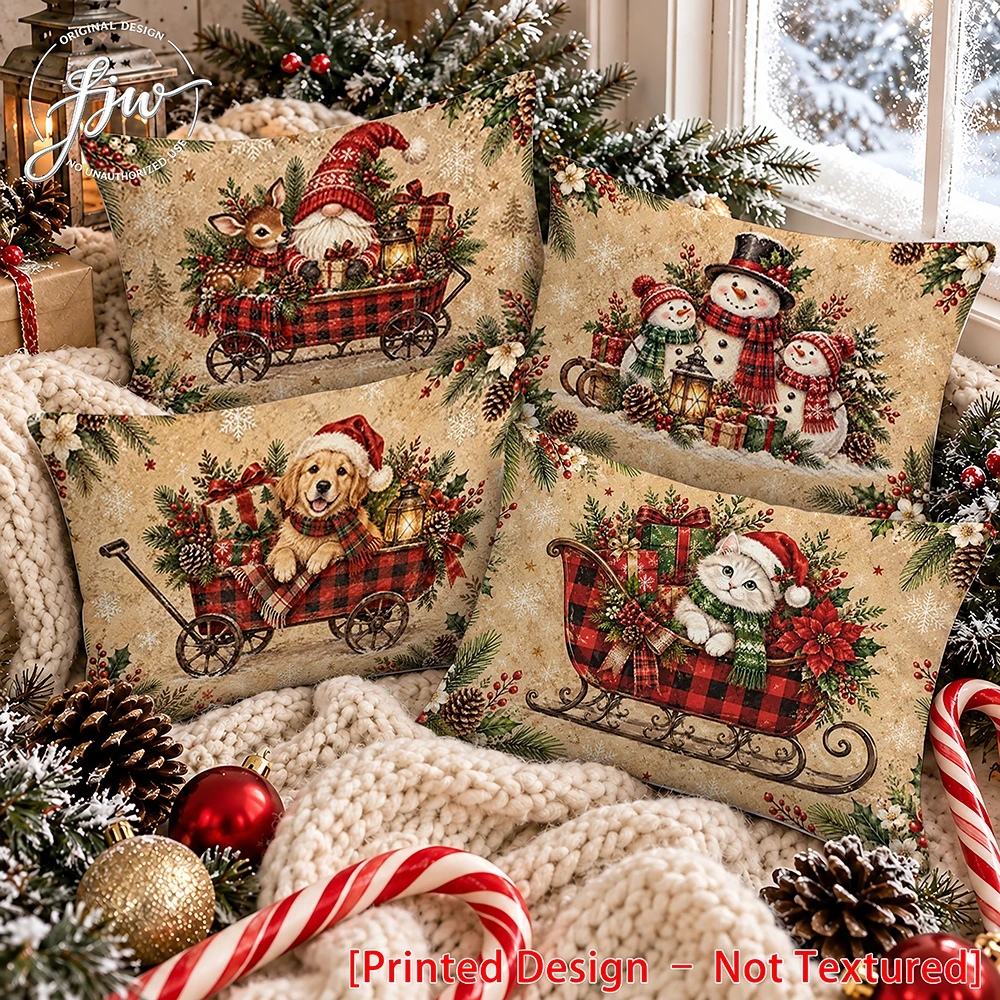 4pc Vintage Christmas Farmhouse Throw Pillow Covers, Cute Animal Snowman Gnome Xmas Lumbar Cushion Cases for Sofa Couch