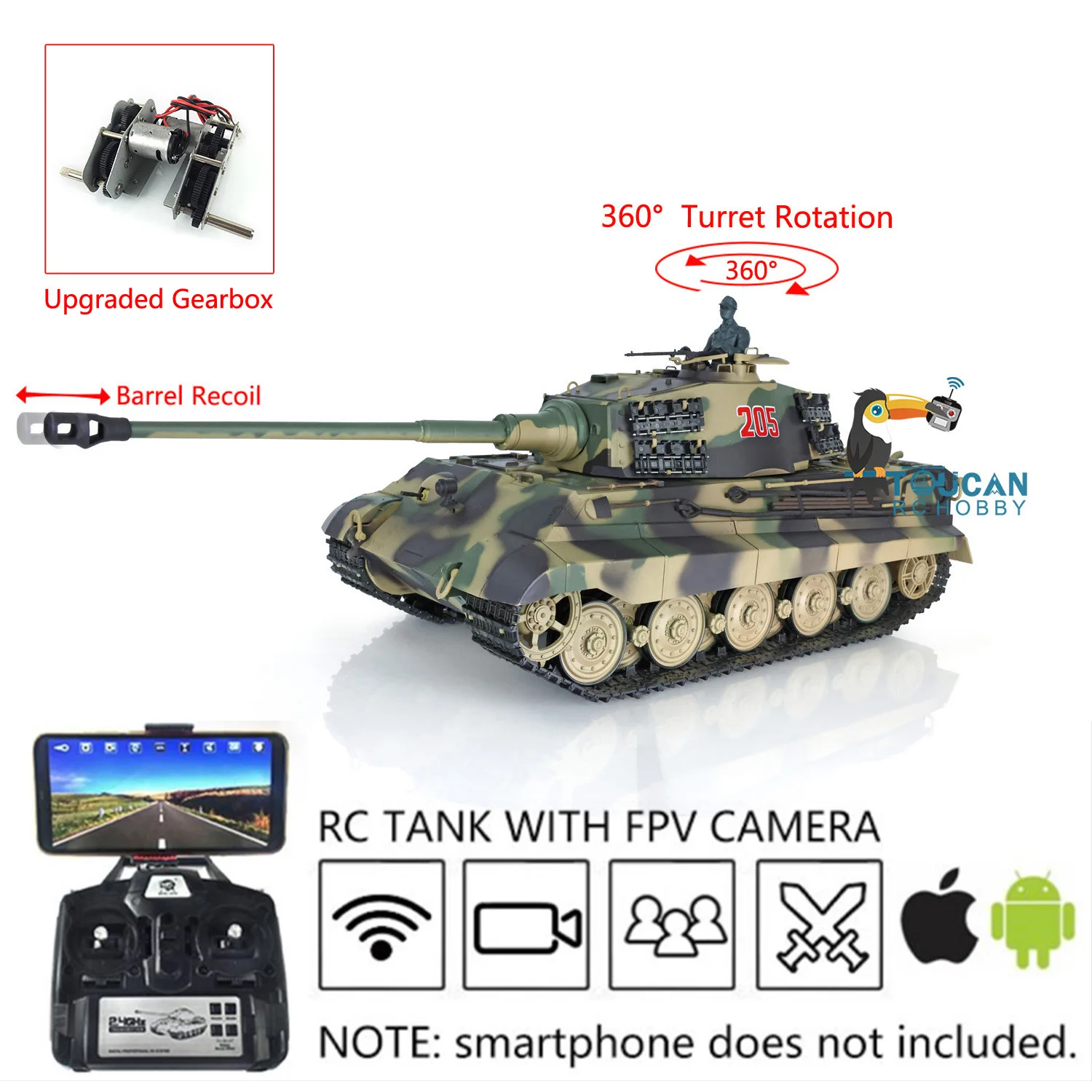 Henglong 1/16 7.0 Plastic FPV King Tiger RC Tank 3888A 360 Turret Barrel Recoil Smoke Effect Armored Adult Toy TH17522-SMT7