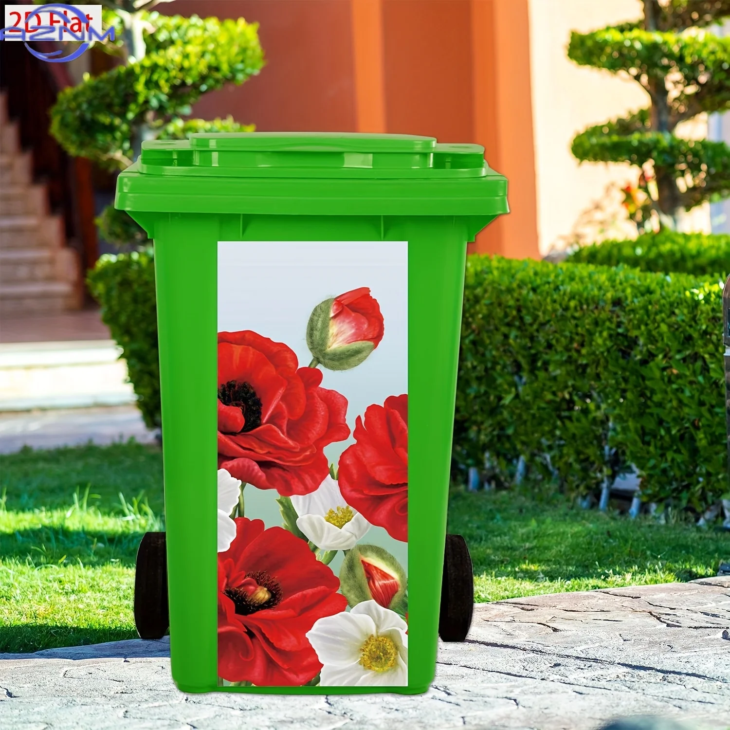 A Red And White Floral Themed Sticker for Trash Bins, Made of Self-Adhesive Waterproof PVC, Moisture-Resistant, Suitable for T