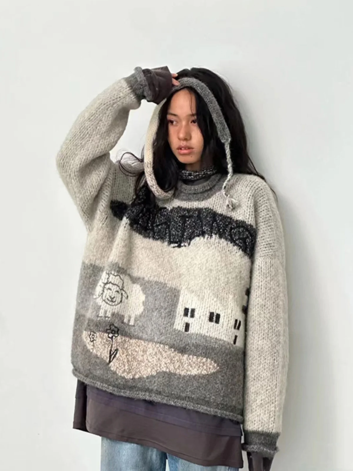 

Fun Knitted Wool Blend round Ne Sweater Childlike Embroidery Loose Fit Winter Top Korean Sle Polyester Fiber Blend