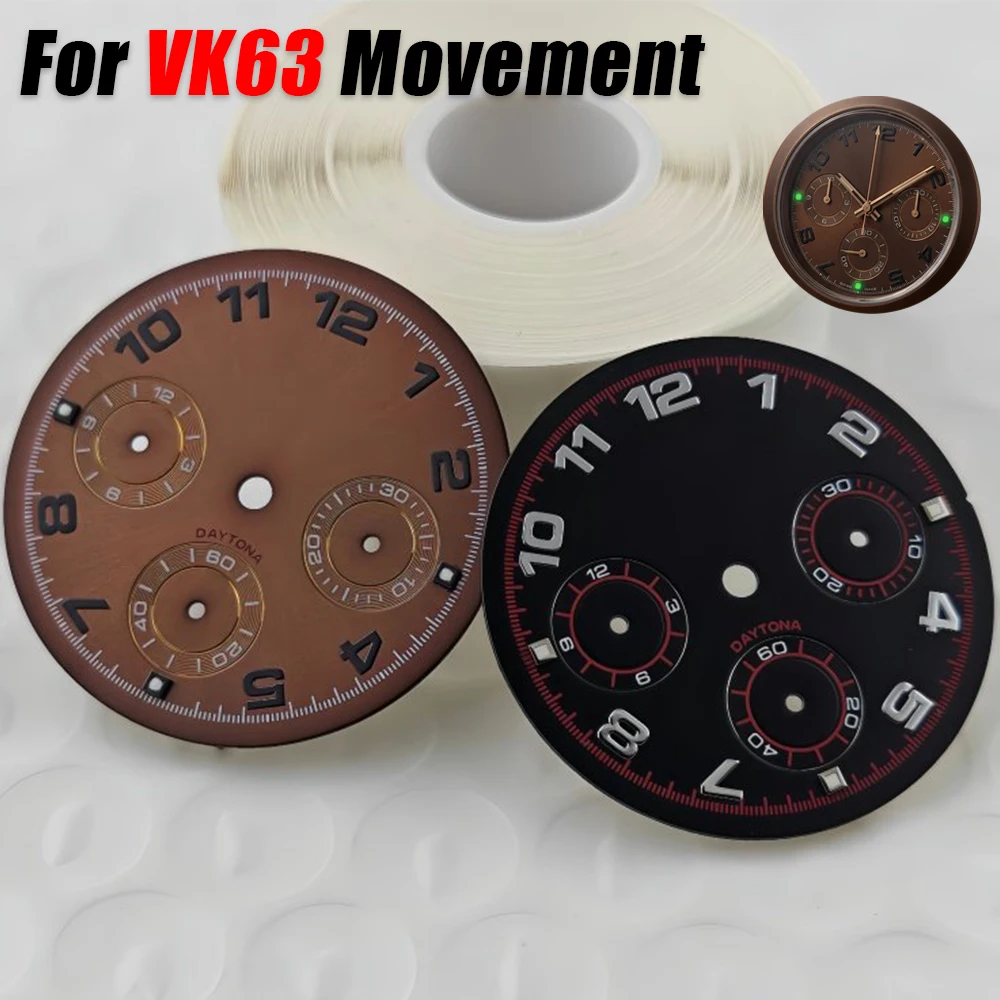 Green Luminous Dial 29.5mm for VK63 Chronograph Black Coffee 3 Eyes No Logo DIY Watchmaker Custom Mod Complete Replacement Set