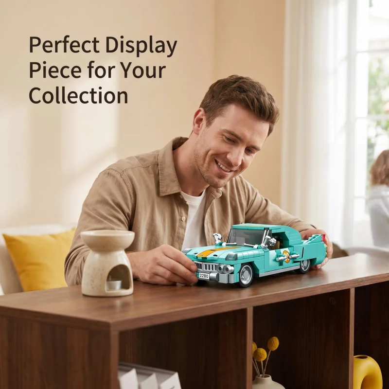 Retro American classic car building block set, finely detailed car model interior, exclusive DIY assembly collectible car for ca