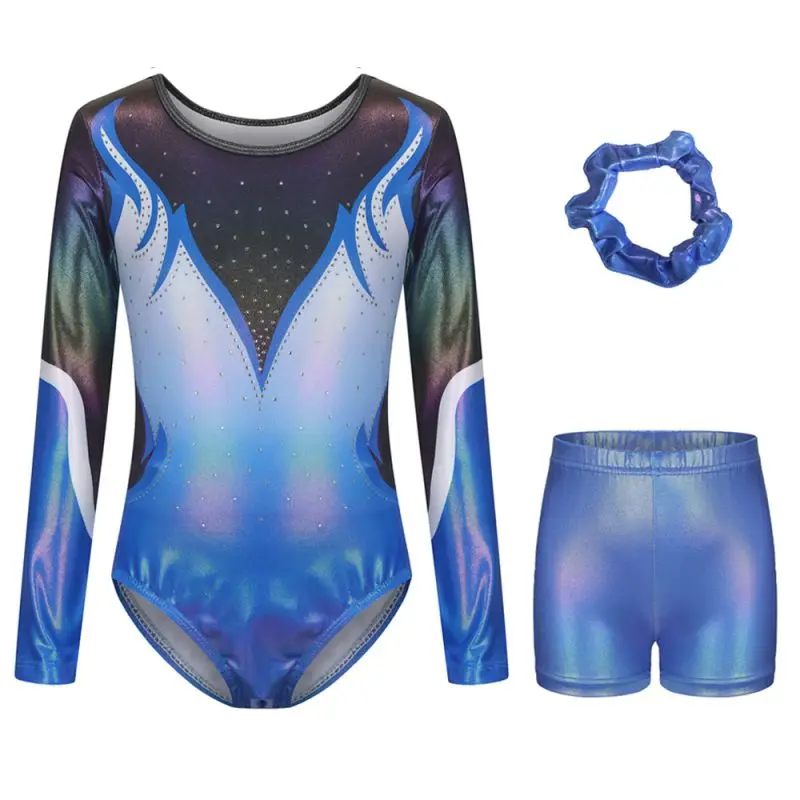 3PCS Girls Dance Ballet Leotards Gymnastics Suit Gradient Fashion Gilding Rhinestone Inlay Bodysuit + Shorts +Headbands