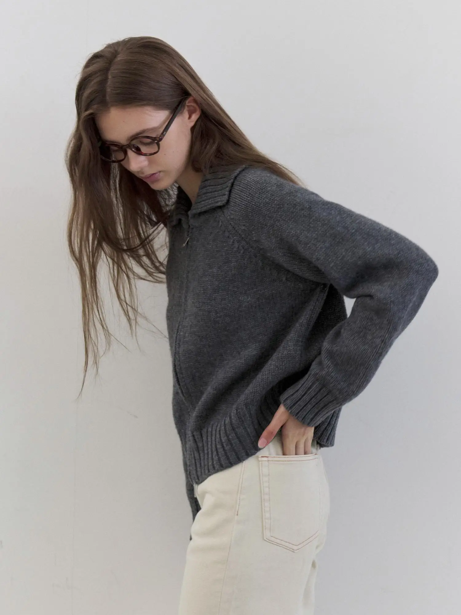 

Ретро-кардиган с отложным воротником, свободный женский свитер, темно-коричневый, на молнии, для повседневной носки, синяя верхняя одежда, повседневный стиль, шерстяная смесь