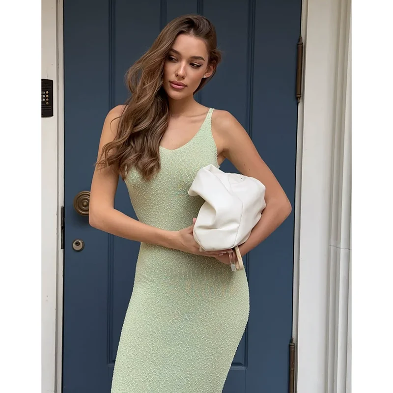 2025 ผู้หญิงฤดูใบไม้ร่วง V คอชุดถัก Office Lady สปาเก็ตตี้เอ็มไพร์เอว Elegant Long Bodycon Dress