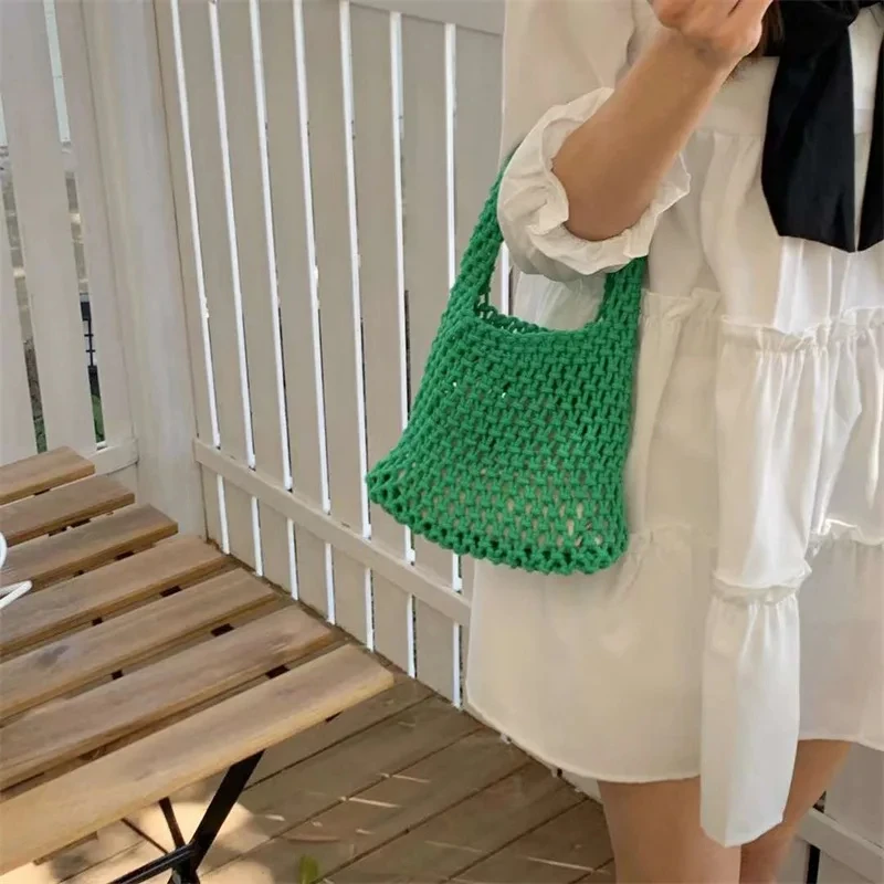 Handmade Woven Mesh Bucket Bag para mulheres, bolsa oca, sacos portáteis, piquenique ao ar livre