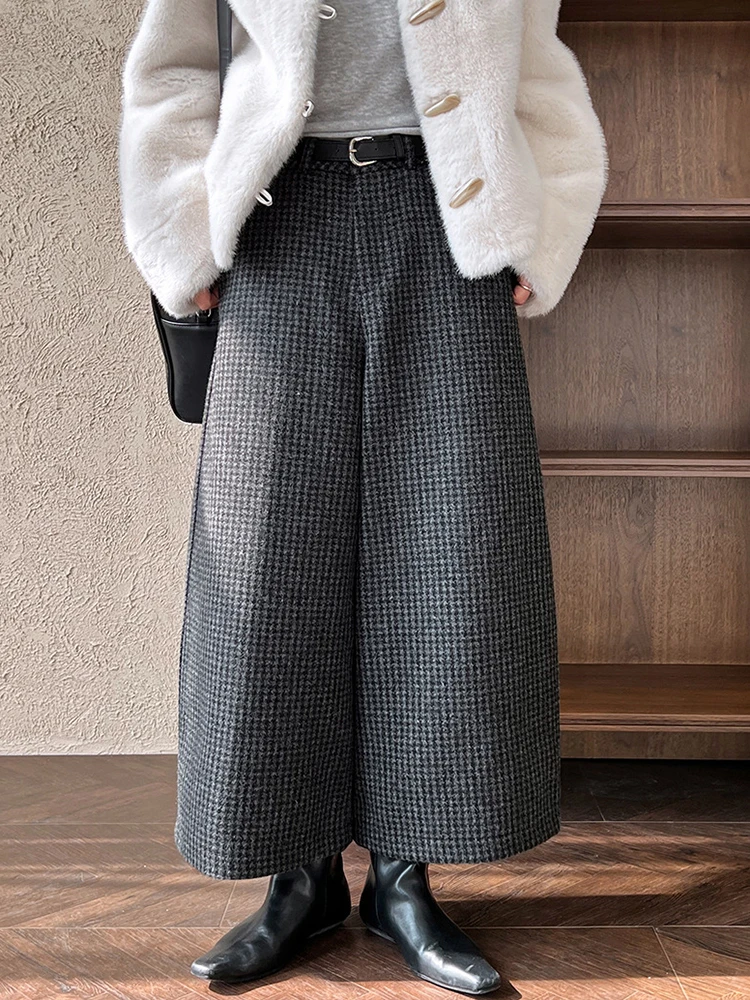 [LANMREM] Plaid Contrast Color Wool Pants For Women High Waist Straight Wide Leg Trousers Office Lady 2024 Winter New 26C1242