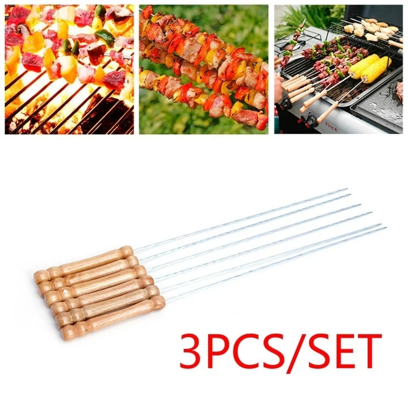 Neue 3PCS Edelstahl Braten Grill Spieß Grill Kebab Nadeln Stick Holz Griff Grill Nadeln Outdoor Nadel Werkzeuge