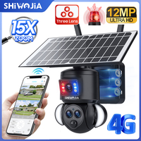 SHIWOJIA 12MP 15X Zoom Solar Camera 4G SIM Security Outdoor 3Lens Dual Screen Recording Humanoid Tracking Color Night Vision