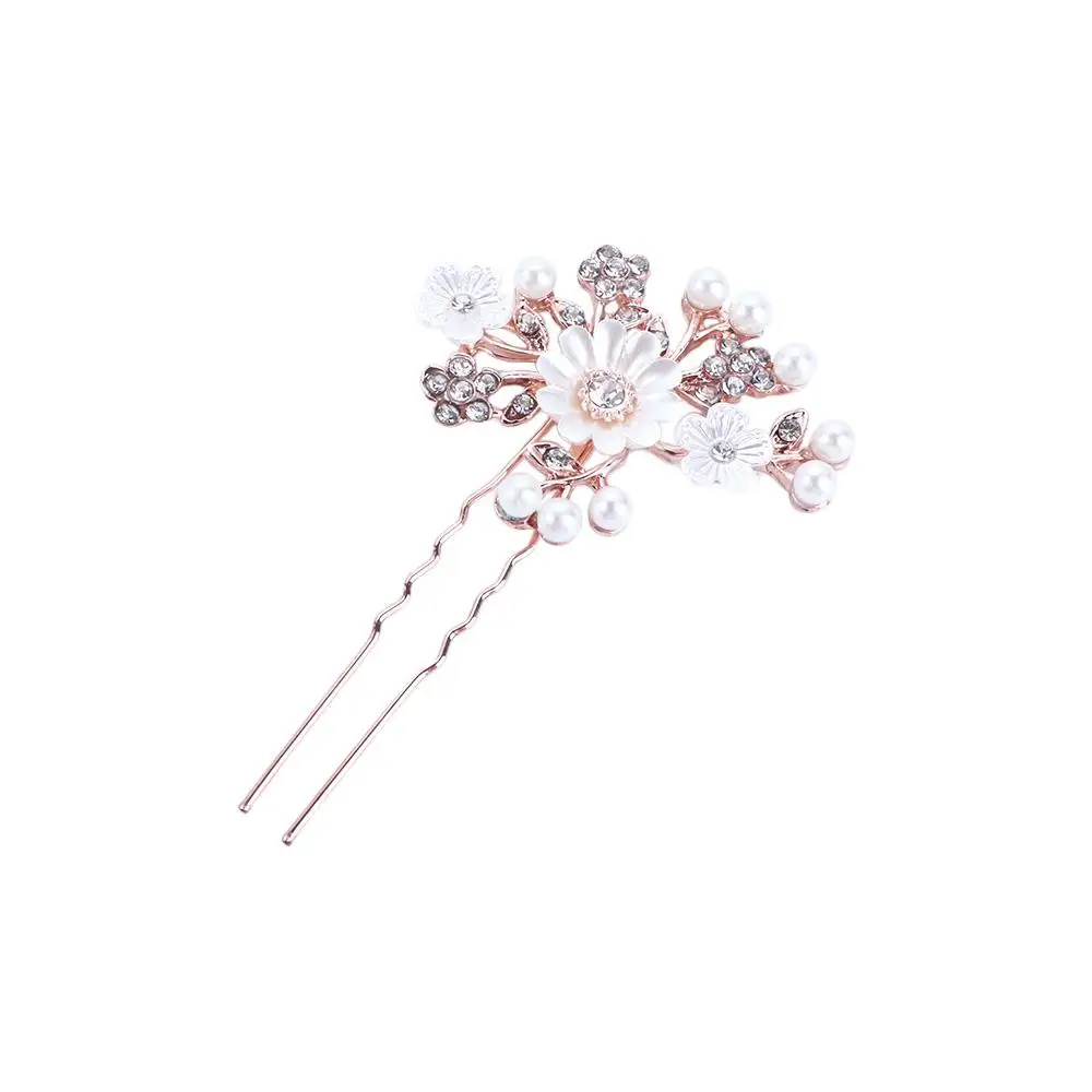 Minority Simple Flowers Hairpin Pearl Alloy Hair Accessories Five-tooth Hair Comb Rhinestone Hair Stick Korean Style Headwear