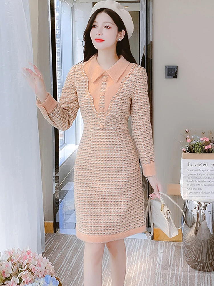 Autumn Winter Plaid Woolen Thick Warm Midi Dress Women Elegant Casual Home Dress 2024 Korean Fashion Bodycon Birthday Dress Prom