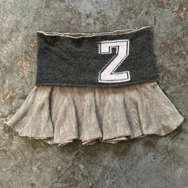 Y2K Knitted Skirt Punk Harajuku Letter Print Casual Knitt Pleated skirt Streetwear Rock Goth Mini Skirt Retro Half length skirt