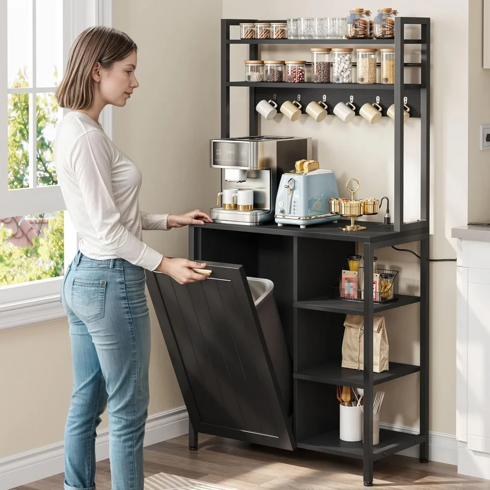 Bakers Rack with Storage Microwave Stand with Trash Can Bin Cabinet and Power Outlet 6-Tiers Coffee Stand Large Microwave Table