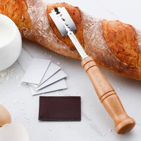 Dough Bread Pastry Cutter with 5 Blades Toast Curved Baguette Bread Knife Wooden Handle Bakers Baking Accessory Pastry Spatulas