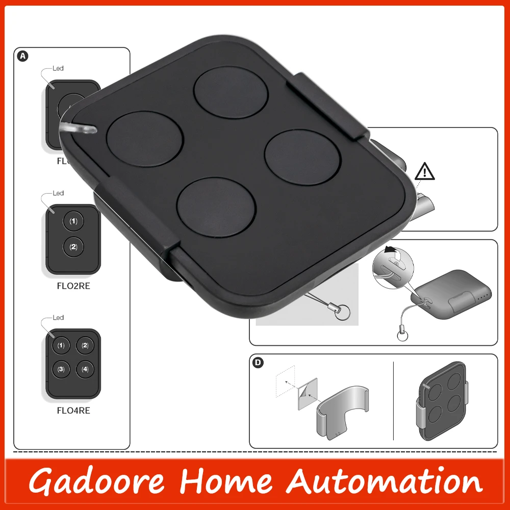 Gadoore 433MHz FLO2RE FL04RE Garage Door Remote Era Flor FLO2RE FL04RE Compatible for 433Mhz FLO2RE /4RE ON2E/ON4E FLO2R-S FLO4R