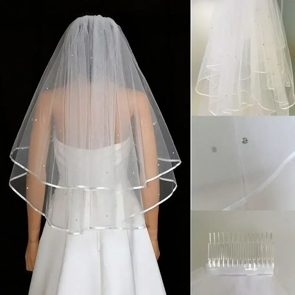Wedding Veils White 2 Tiers Bridal Beaded Short Elbow Length with Satin Edge