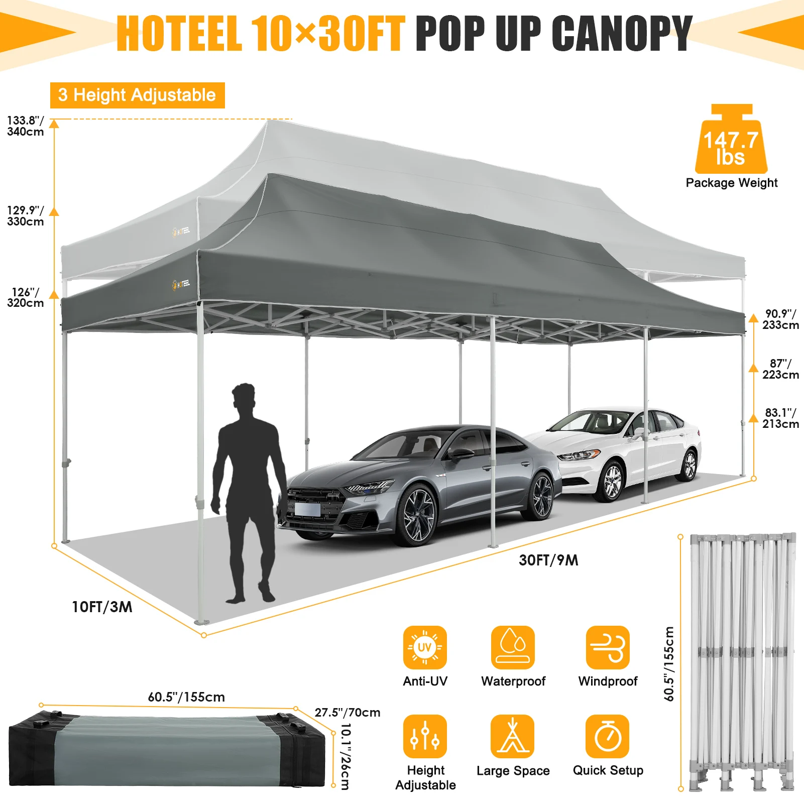 10x30 Pop up Canopy Tent for Parties, 10 by 30 Canopy Tent Heavy Duty with 5 Walls Waterproof & UPF 50+, Roller Bag，4 Sand Bags