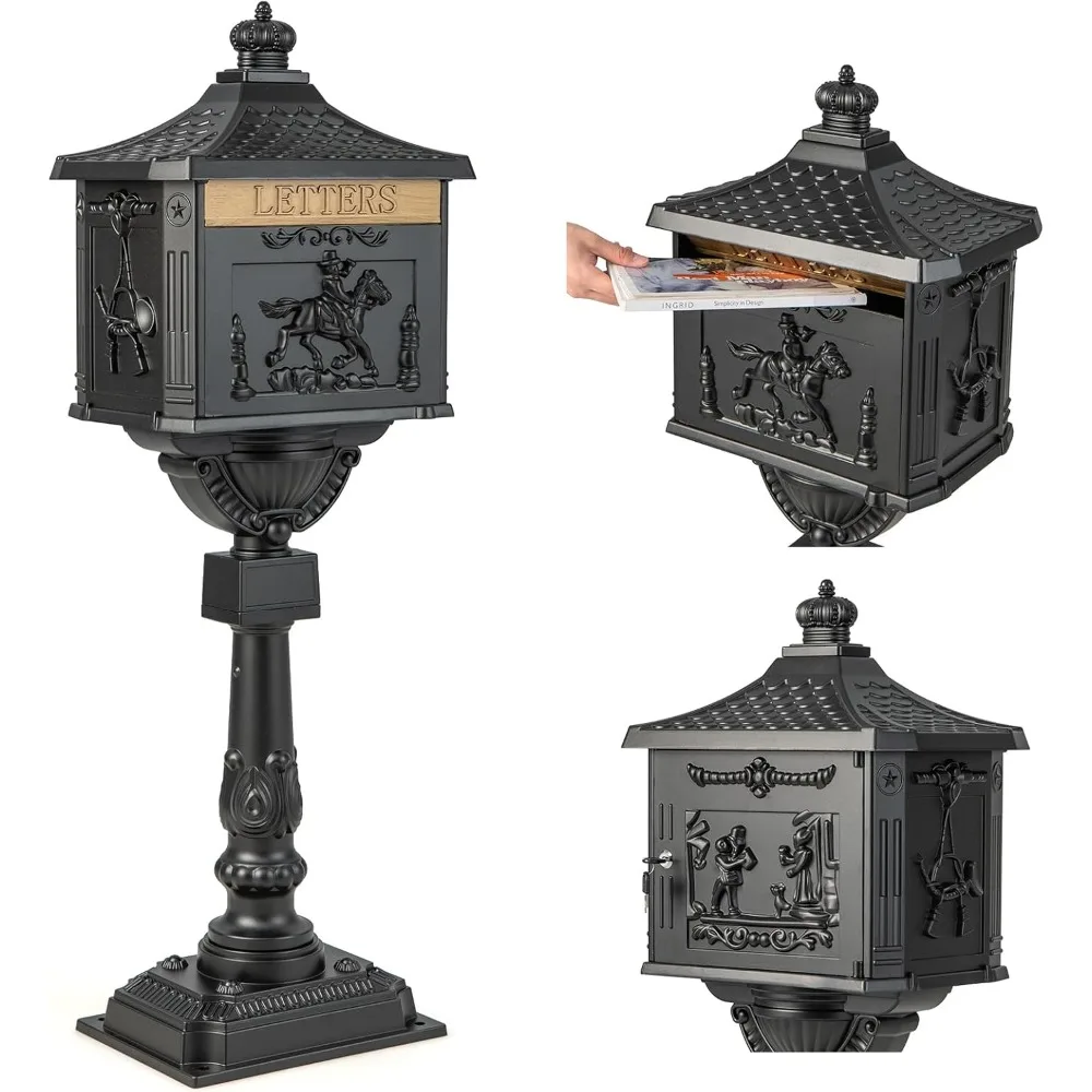 

Cast Aluminum Mailbox with Post, Heavy Duty Postal Mail Box w/ 2 Keys & Baffle Door, 4 Expansion Bolts, Address Panel