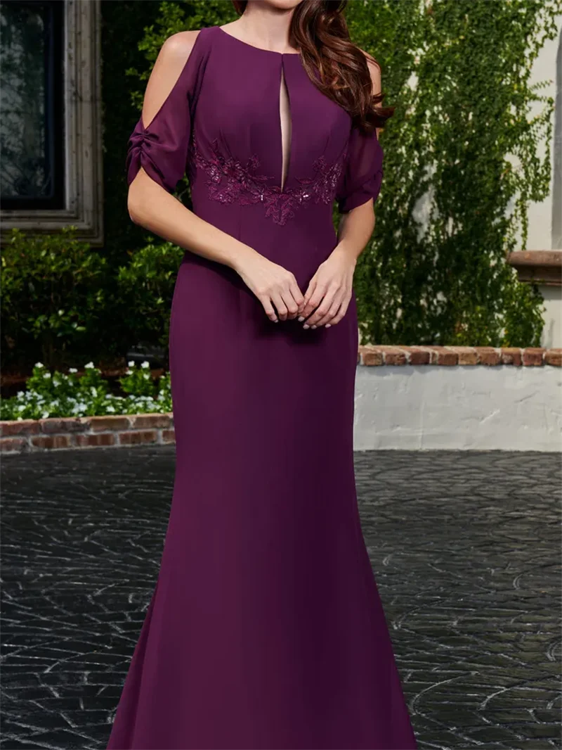 Popular Purple Mother of the Bride Dress Chiffon Fitted A-Line Formal Occassion Dresses with Scoop Neckline