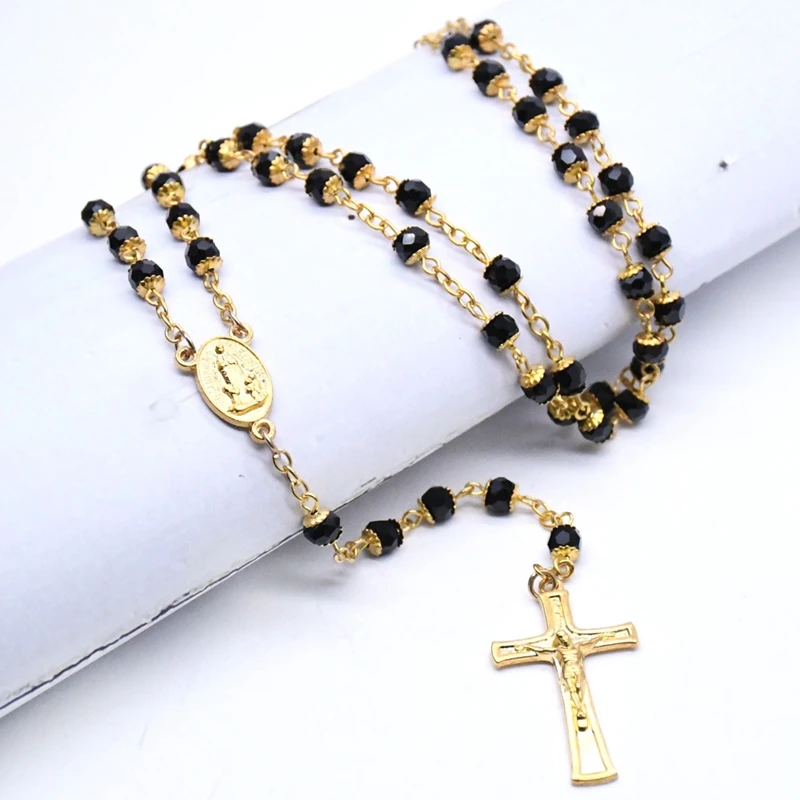 Catholic Jewelry Black Glass Crystal Beads Fatima Cross Pendant Rosary Necklace For Men Women