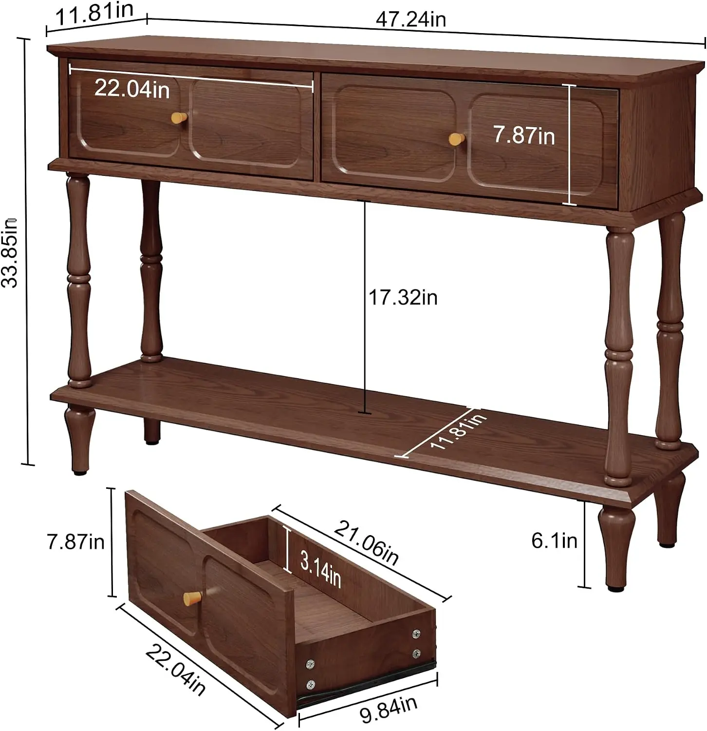 Mid-Century Modern Console Table, Narrow Wooden Sofa Side Accent Table With 2 Storage Drawers And Bottom Display Shelf For Entryway Living Room Hallway Foyer, Retro Brown