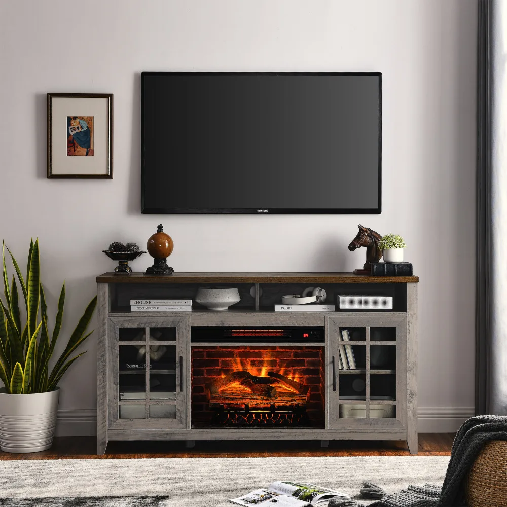 55-inch tv-mediastandaard met elektrische haard KD-inzetstukken verwarming, grijze waskleur verwarming, koeling en ventilatieopeningen open haarden, kachels