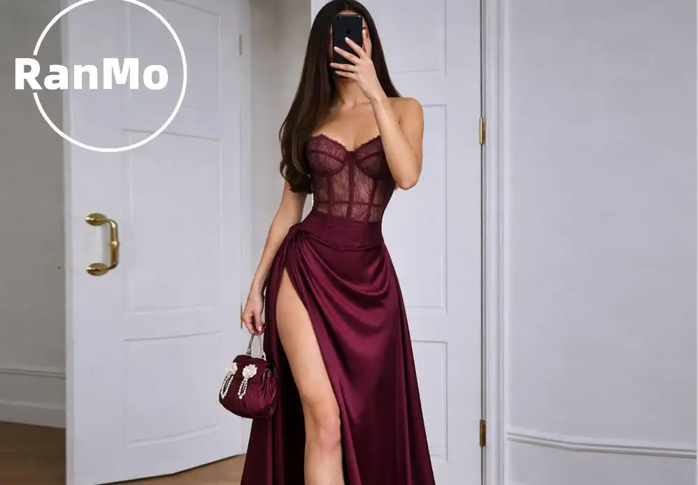 

Ranmo 2025 Burgundy Evening Dress Satin Elegant Sexy Sweetheart Lace Side High Slit Pleat A-line Sleeveless Prom Gown Customied