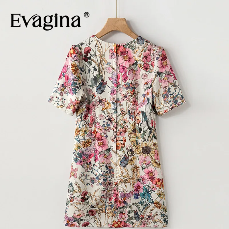 Evagina vestido feminino elegante com estampa floral primavera verão novo jacquard de manga curta com miçangas vestidos linha a