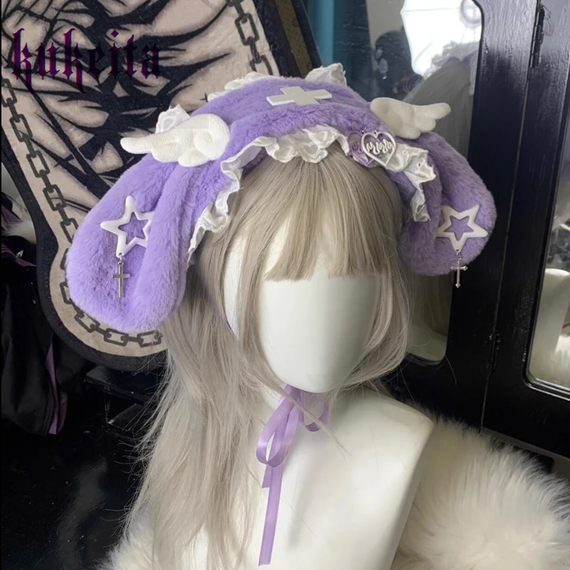 Kukeita Gothic Lolita Kawaii Lace Plush Rabbit Ear Hairband Headwear Women Girls Cosplay Party Hair Accessories