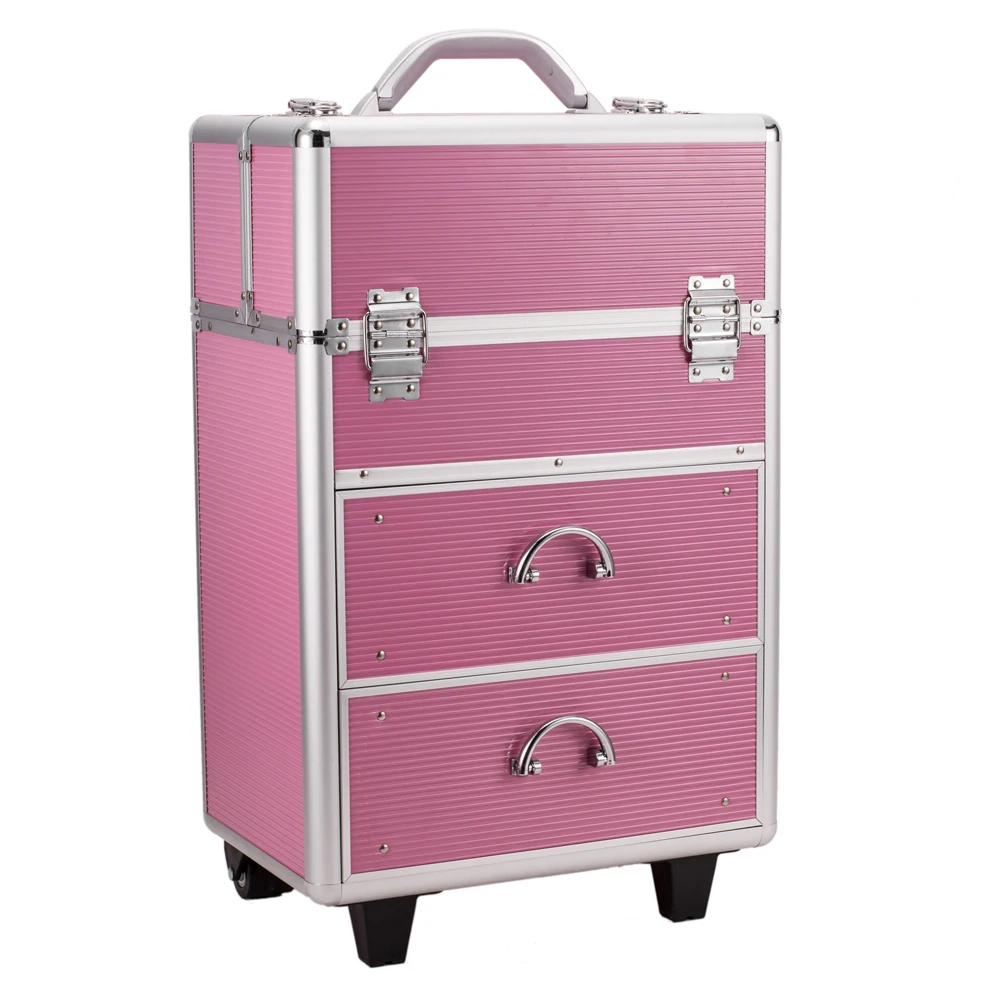 4 Tier Lockable Cosmetic Makeup Train Case with Extendable Trays Pink