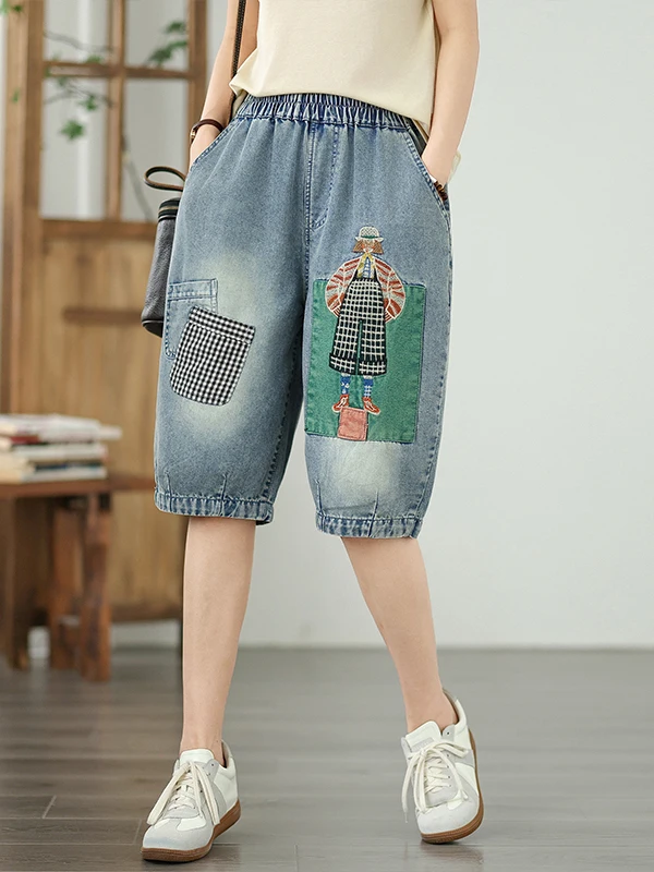 

Summer Thin Embroidered Denim Casual High Waist Loose Fit Slimming Harem Sle Six-Point Pants Women's Faionable Casual Jeans