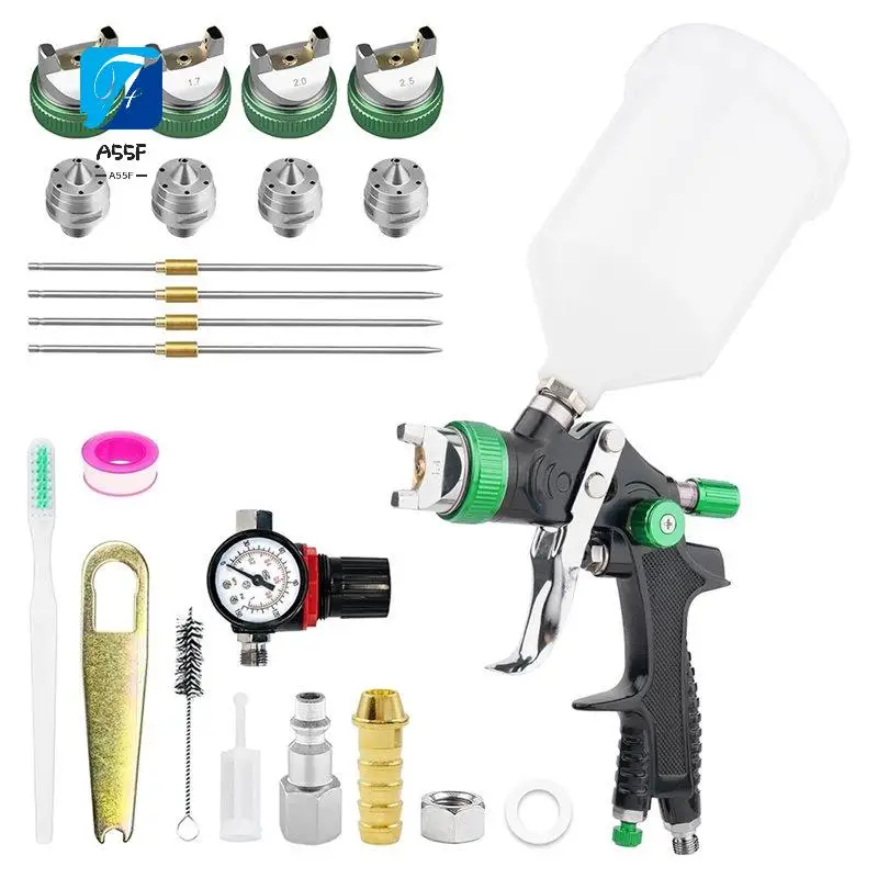 A55F-HVLP Paint Spray Gun Kit With 4 Nozzles For Automotive & Home Projects - Green