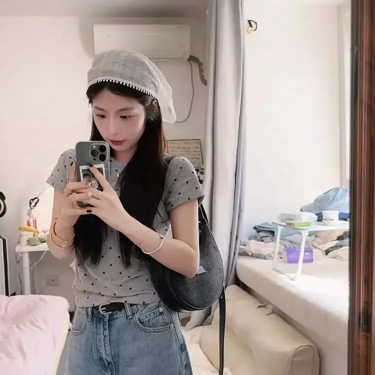 American Retro Shoulder Polka-Dot Short Sleeve T-Shirt Slim Summer Lady Korean O-Neck Short Sleeve Vintage Tee Cropped Tops
