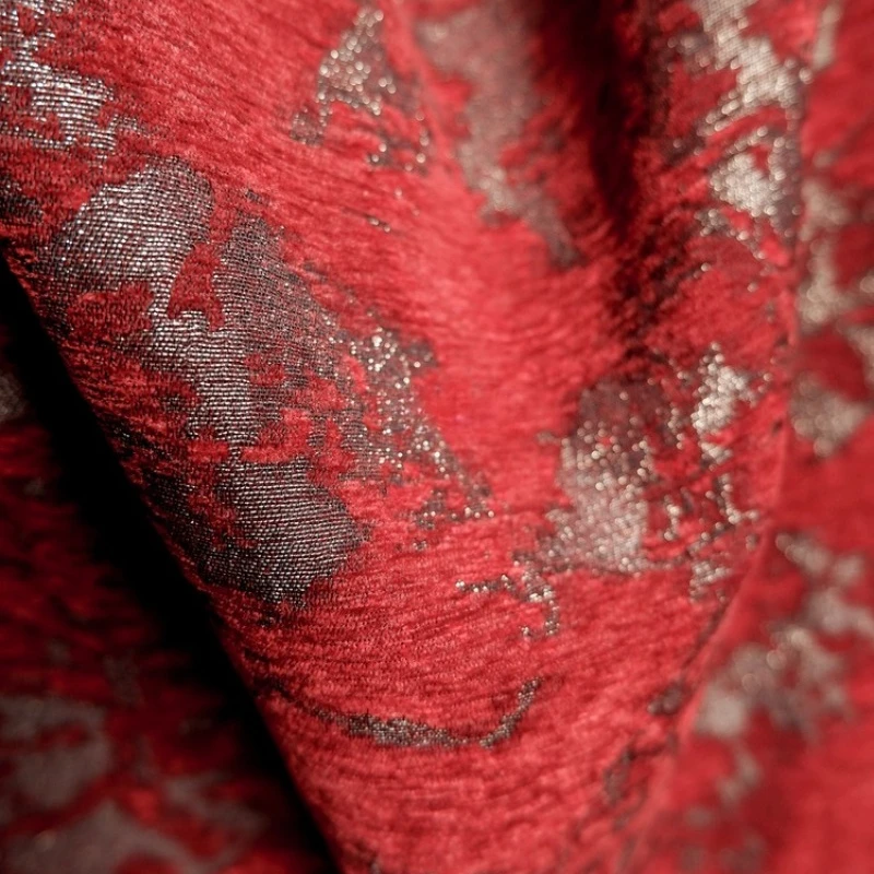 Red Dark Texture Jacquard Chenille Fabric Retro Autumn and Winter Coat Niche Creative Fashion Designer Non Elastic Fabric